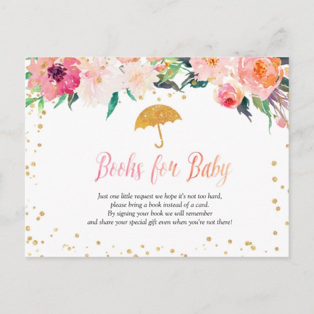 Invitation Carte Postale Fleurs de printemps Baby showers parapluies Livres (Devant)