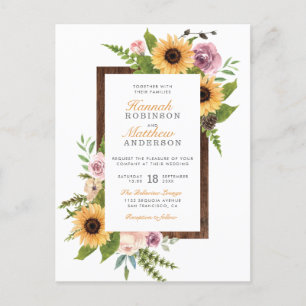 Invitation Carte Postale Fleurs de soleil et Rose   Mariage campagnard en b