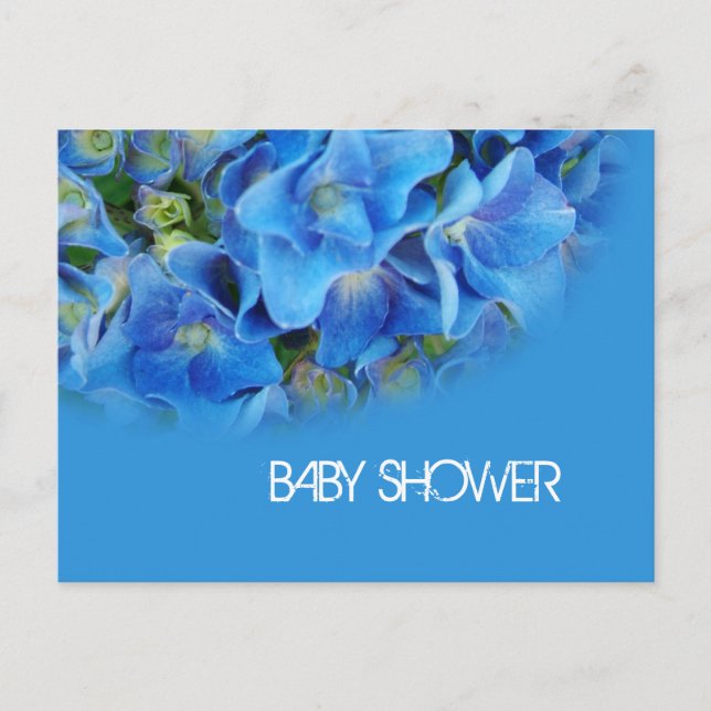 Invitation Carte Postale fleurs d'hortensia bleues baby shower (Devant)