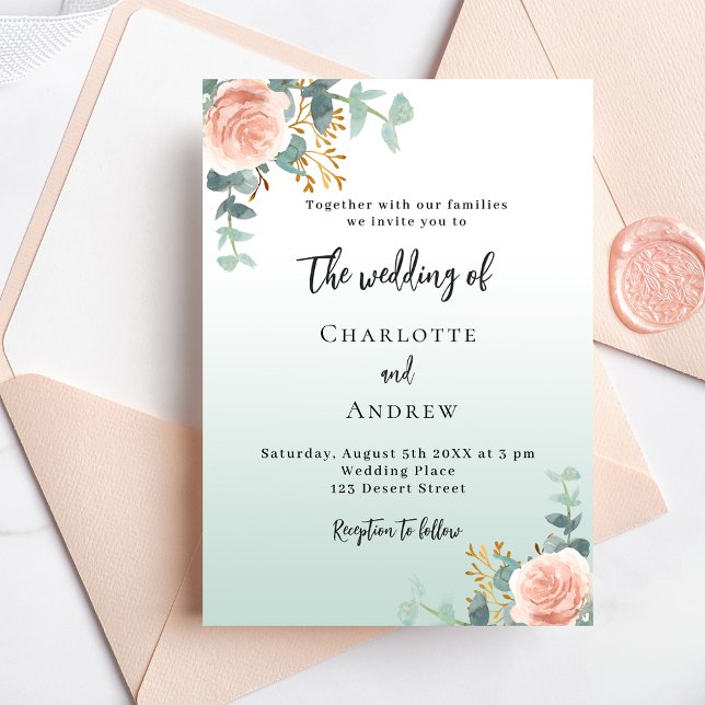 Invitation Carte Postale Fleurs d'or rose mariage vert (Créateur téléchargé)