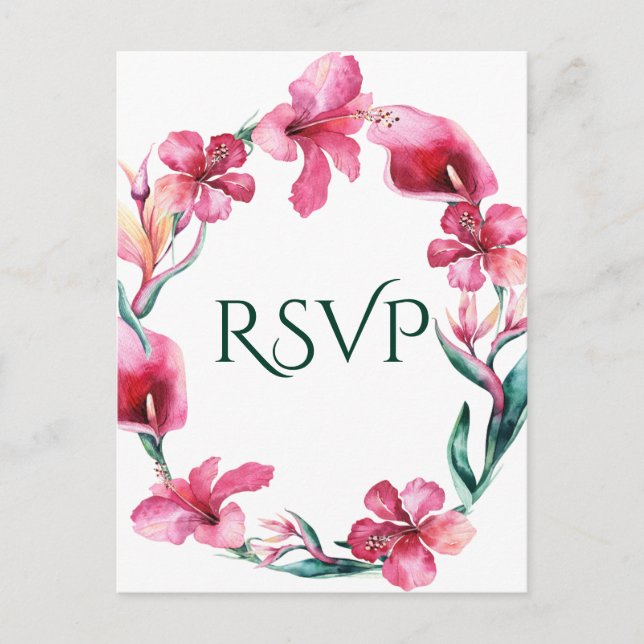 Invitation Carte Postale Fleurs hawaïennes tropicales Mariage élégant RSVP (Devant)