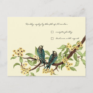 Invitation Carte Postale Fleurs jaunes sarcelles oiseaux de l'amour vintage