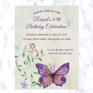 Invitation Carte Postale Fleurs modifiables et papillon pourpre Anniversair