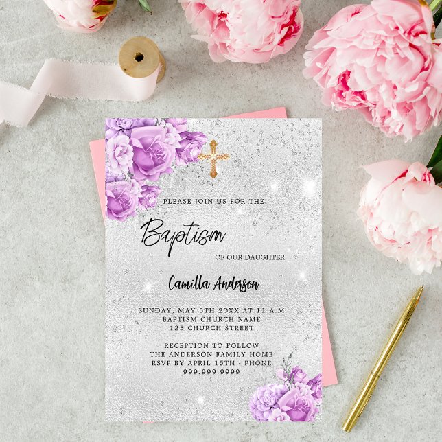Invitation Carte Postale Fleurs rose argent fille Baptême (Créateur téléchargé)
