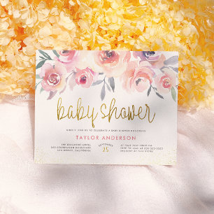 Invitation Carte Postale Fleurs Roses Aquarelle Rose Chic Écriture Dorée Ba
