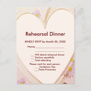 Invitation Carte Postale Fleurs roses, Coeur, Anneaux Dîner de répétition R