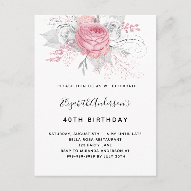 Invitation Carte Postale Fleurs roses d'anniversaire élégant blanc moderne (Devant)