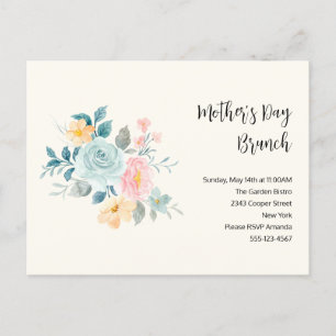 Invitation Carte Postale Fleurs roses et bleues élégantes - Brunch de la fê