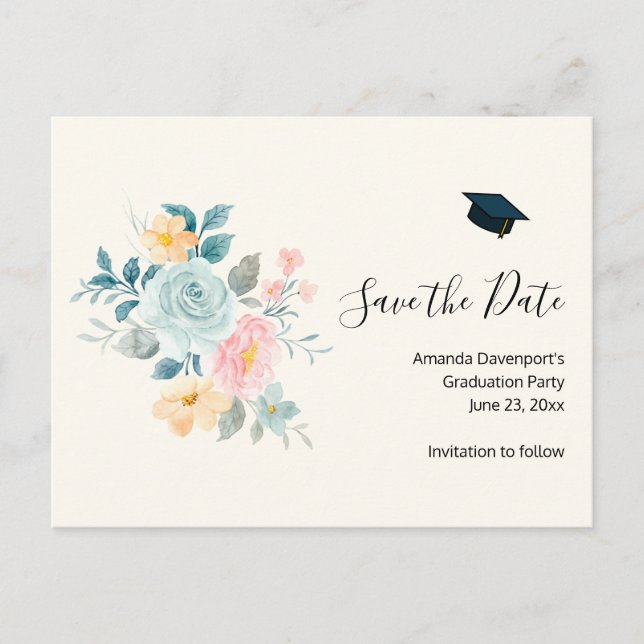 Invitation Carte Postale Fleurs roses et bleues élégantes - Grad Enregistre (Devant)