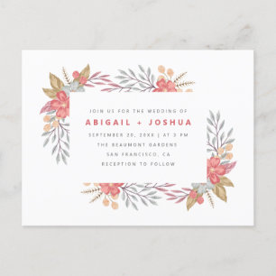 Invitation Carte Postale Fleurs rouges douces et Mariage de cadre de feuill