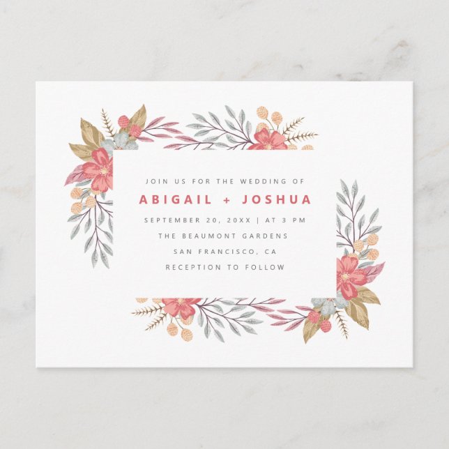 Invitation Carte Postale Fleurs rouges douces et Mariage de cadre de feuill (Devant)
