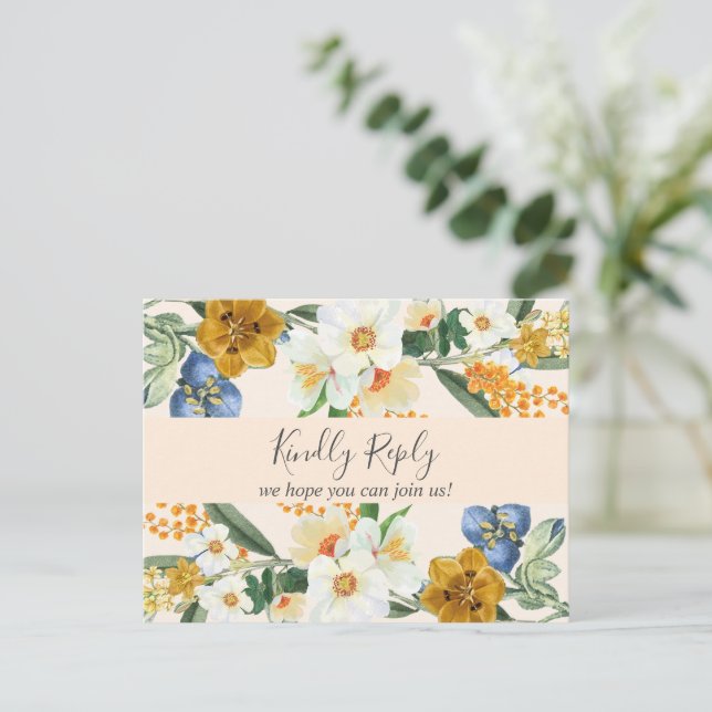 Invitation Carte Postale Fleurs sauvages de jardin de printemps bleu poussi (Debout devant)