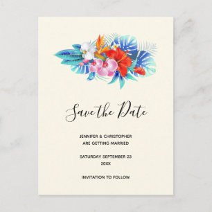 Invitation Carte Postale Fleurs tropicales - Rose & Aqua Enregistrer la dat