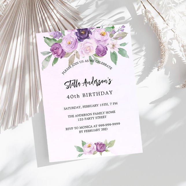 Invitation Carte Postale Fleurs violettes anniversaire vert (Créateur téléchargé)