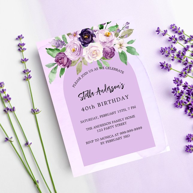 Invitation Carte Postale Fleurs violettes violet vert arche anniversaire (Créateur téléchargé)