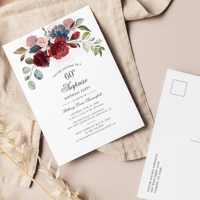 Invitation Carte Postale Floral 60e anniversaire Bourgogne Surprise Party (Créateur téléchargé)