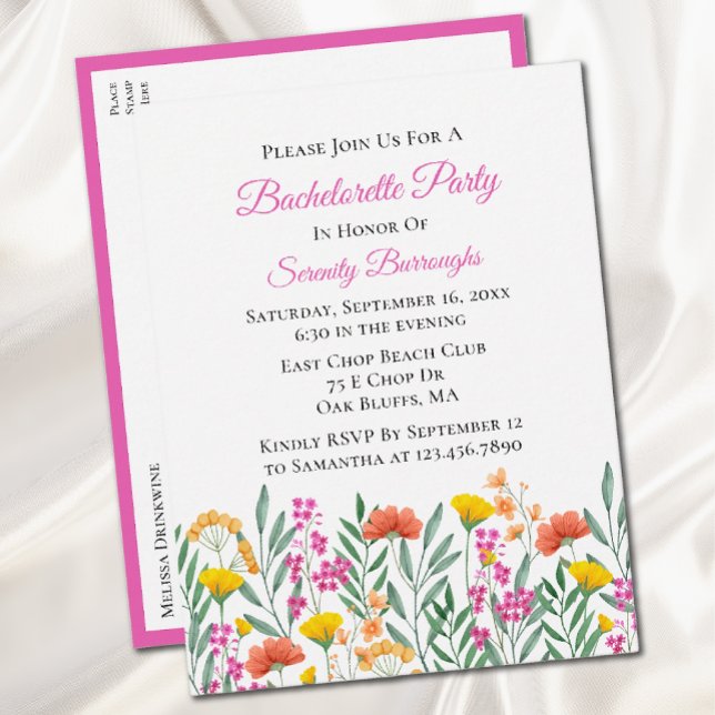 Invitation Carte Postale Floral Aquarelle Fleur sauvage Bachelorette Party (Créateur téléchargé)