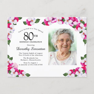 Invitation Carte Postale Floral blanc rose 80e anniversaire