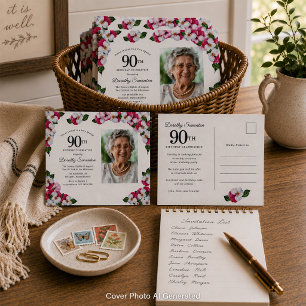 Invitation Carte Postale Floral blanc rose 90e anniversaire