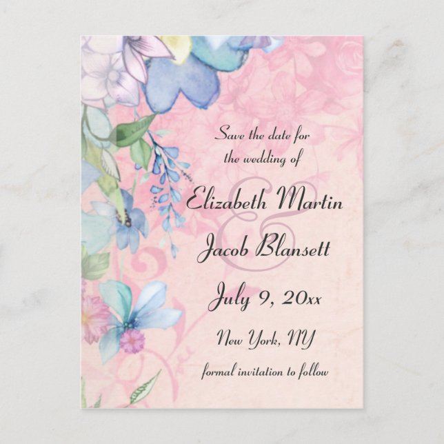 Invitation Carte Postale Floral bleu et rose Enregistrer la date (Devant)