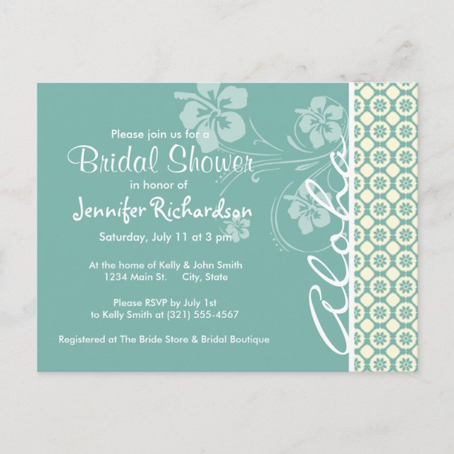 Invitation Carte Postale Floral bleu-vert et crème ; Aloha (Devant)