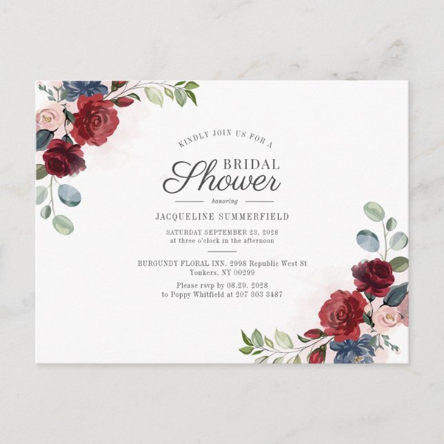 Invitation Carte Postale Floral Bourgogne Aquarelle Fête des mariées Bleue (Devant)