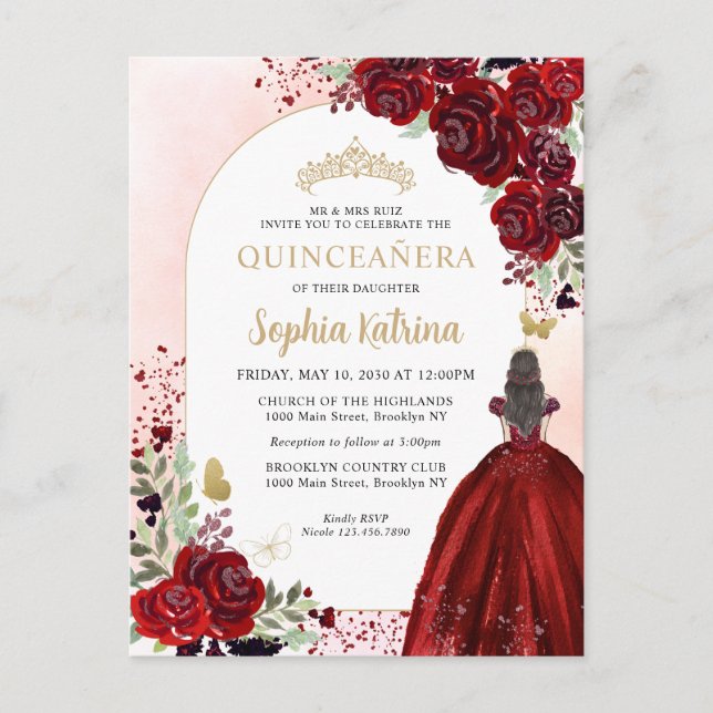 Invitation Carte Postale Floral Bourgogne Gold Princesse Anniversaire Quinc (Devant)