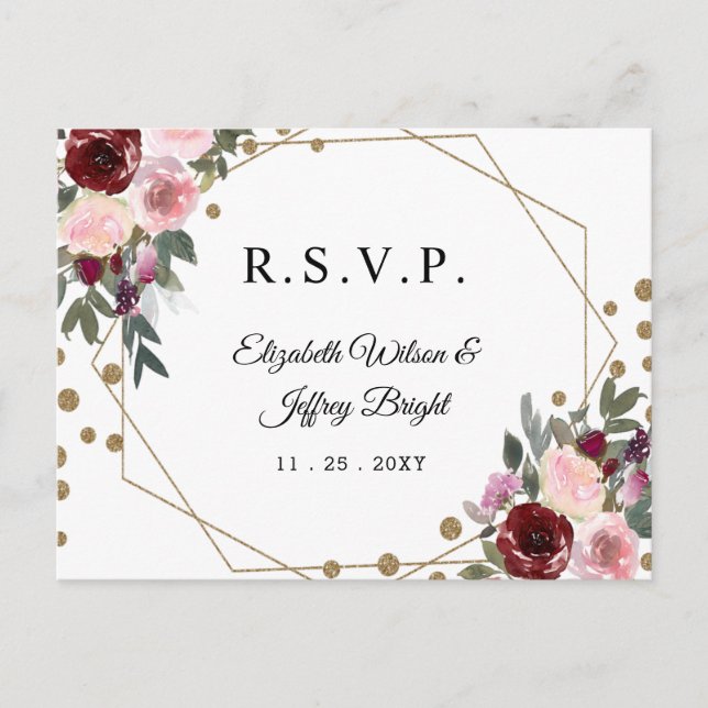 Invitation Carte Postale Floral Bourgogne Parties scintillant or RSVP géomé (Devant)
