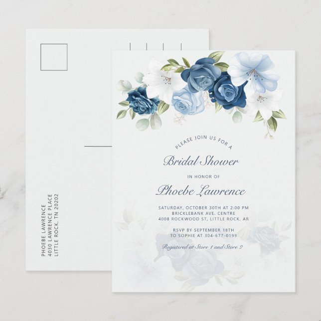 Invitation Carte Postale Floral Dusty Bleu Fête des mariées moderne (Devant / Derrière)