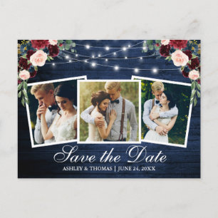 Invitation Carte Postale Floral en bois bleu rustique 3 Photo Sauvez La Dat