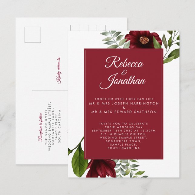 Invitation Carte Postale Floral Mariage rouge Bourgogne (Devant / Derrière)