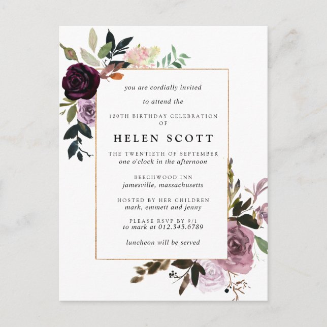 Invitation Carte Postale Floral mauve rose 100e anniversaire (Devant)