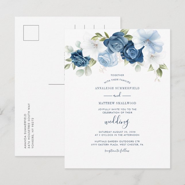 Invitation Carte Postale Floral moderne Dusty Mariage botanique bleu (Devant / Derrière)