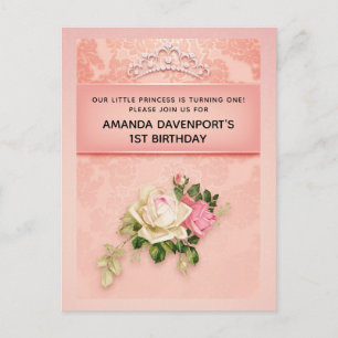 Invitation Carte Postale Floral rose avec Diamond Tiara Princess Anniversai
