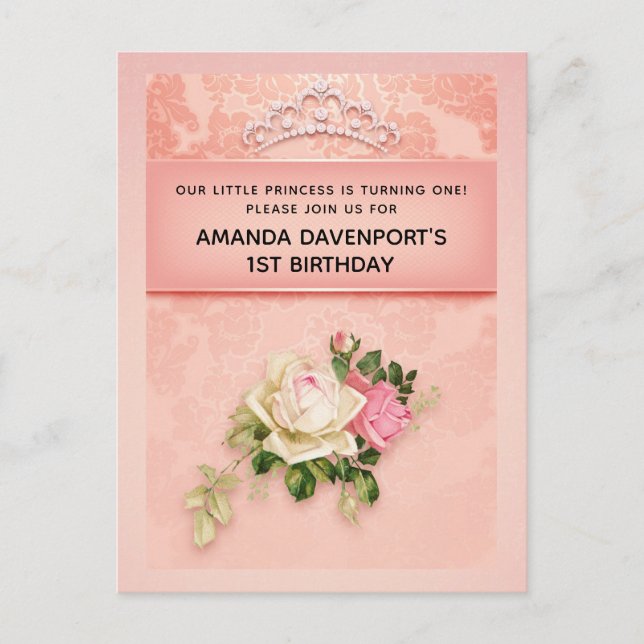 Invitation Carte Postale Floral rose avec Diamond Tiara Princess Anniversai (Devant)