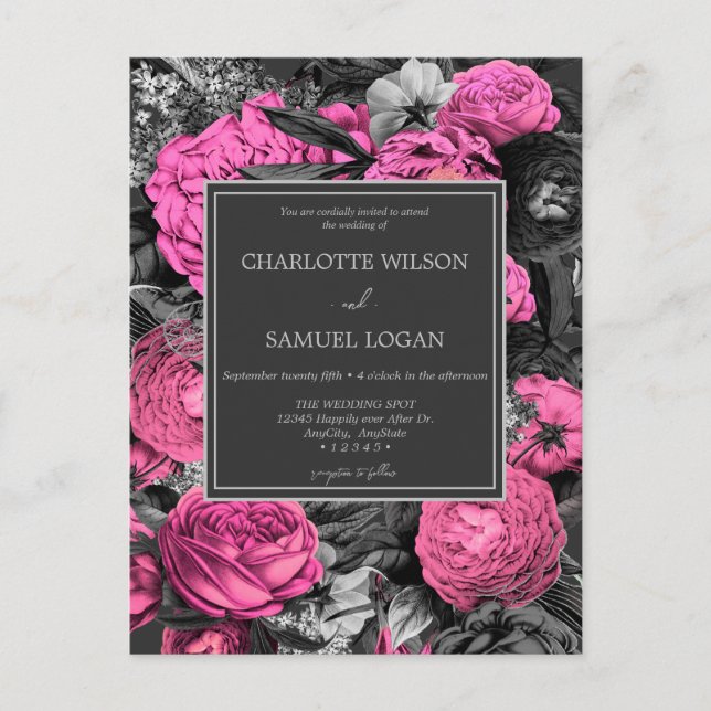 Invitation Carte Postale Floral rose noir | Moderne Mariage floral chic (Devant)