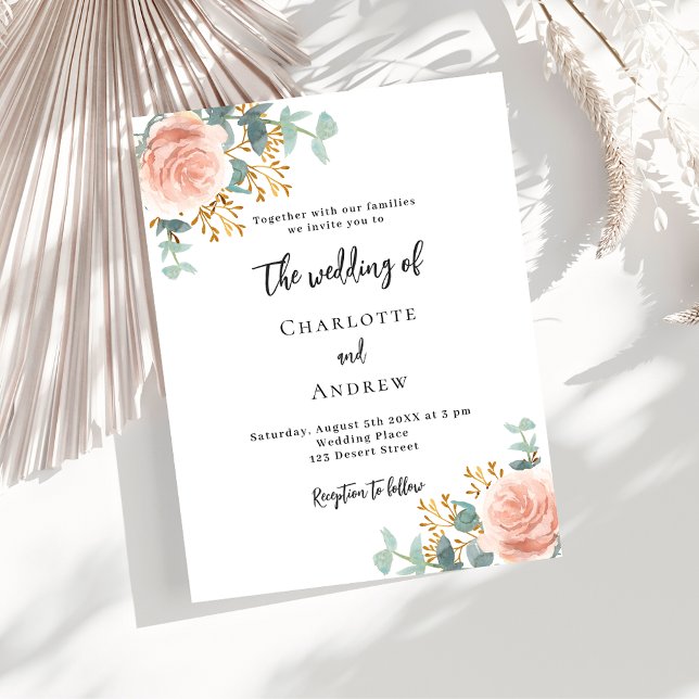 Invitation Carte Postale Floral rose or verdure détails code QR mariage (Créateur téléchargé)
