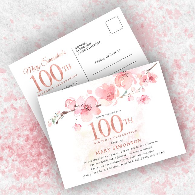 Invitation Carte Postale Floral rose pâle 100e anniversaire (Créateur téléchargé)