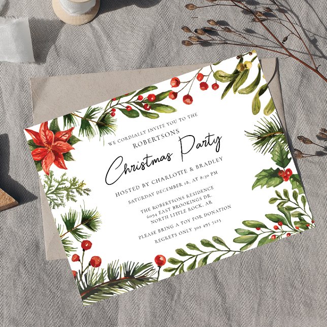 Invitation Carte Postale Floral Verdure Script Noël Fête de Noël (Botanical Red Berries Greenery Script Christmas Party Invitation)