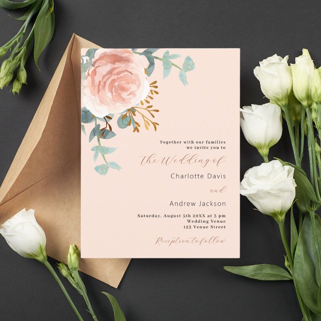 Invitation Carte Postale Florales d'or rose verdure pêche mariage (Créateur téléchargé)