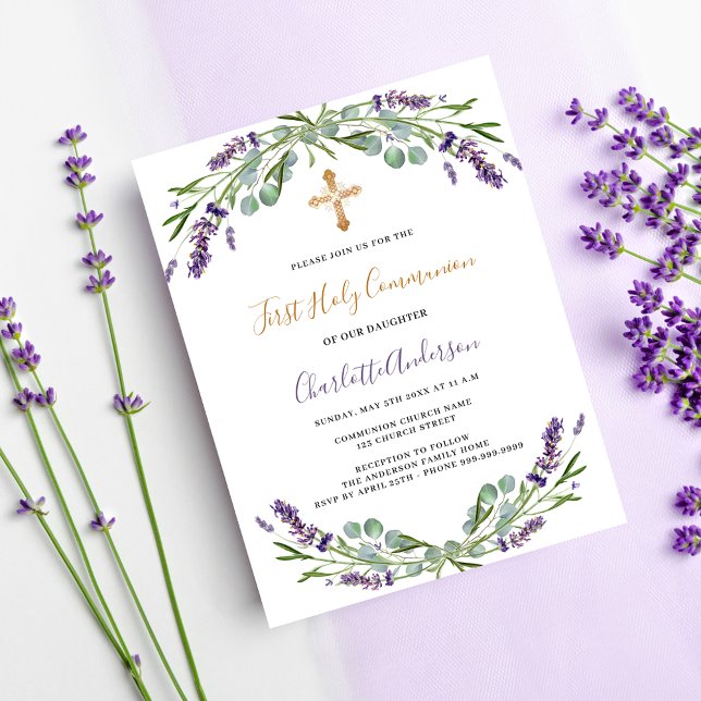 Invitation Carte Postale Flores de violet de lavande Première communion (Créateur téléchargé)