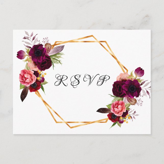 Invitation Carte Postale flores mariages bordeaux vert sauge géométrique RS (Devant)