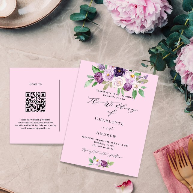 Invitation Carte Postale Flores rose violet QR détails code RSVP mariage (Créateur téléchargé)