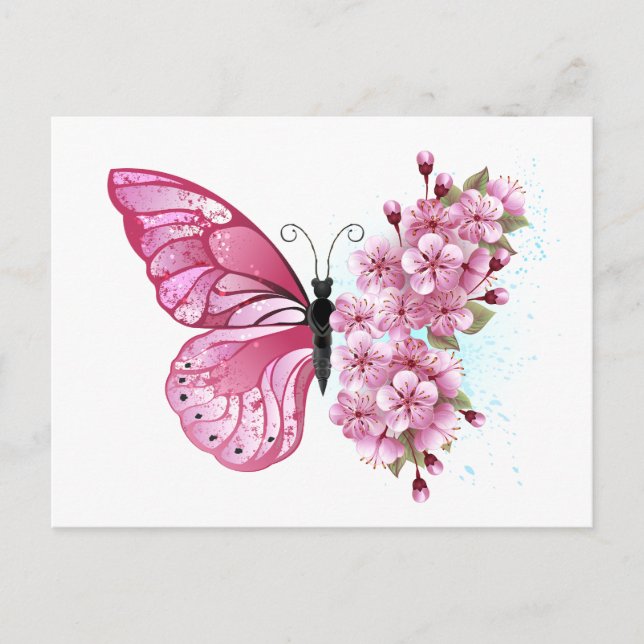 Invitation Carte Postale Flower Butterfly with Pink Sakura (Devant)