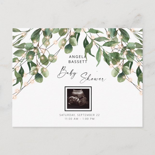 Invitation Carte Postale Foliage et lumières Ultrasound Photo Baby shower I (Devant)