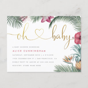 Invitation Carte Postale Foliage Tropical Oh Baby Gold Script Baby shower