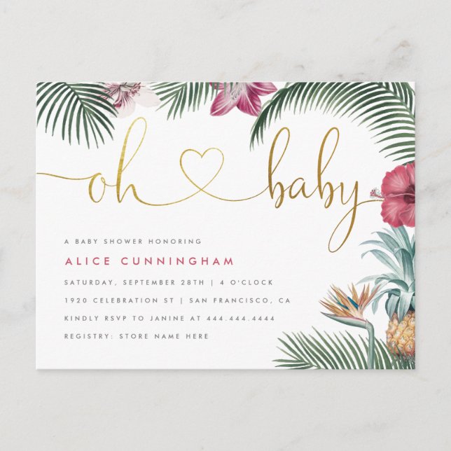 Invitation Carte Postale Foliage Tropical Oh Baby Gold Script Baby shower (Devant)