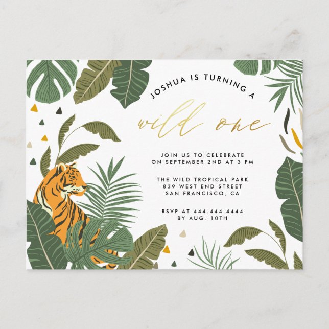 Invitation Carte Postale Foliage Tropical Tigre Or Wild Un Anniversaire (Devant)