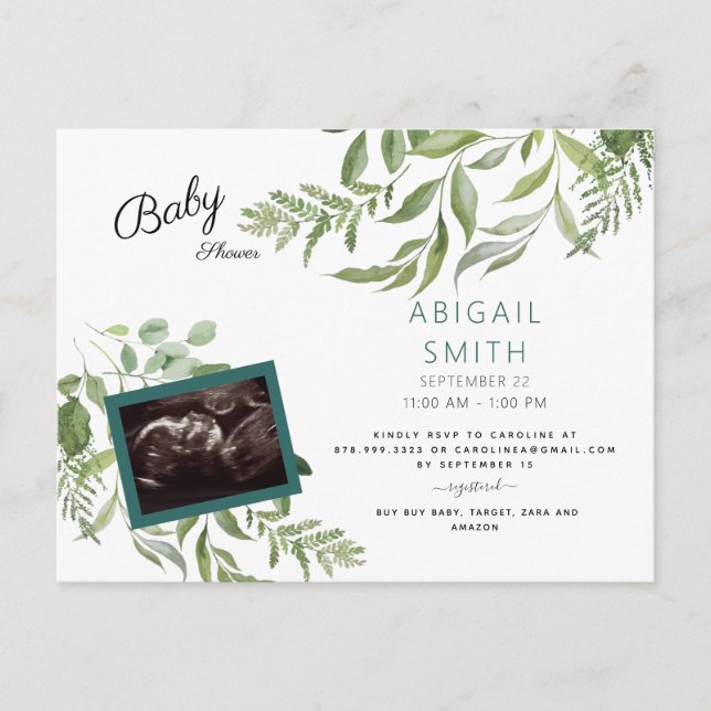 Invitation Carte Postale Foliage Ultrasound Photo Baby shower Turquoise (Devant)