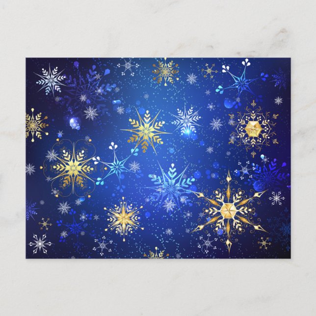 Invitation Carte Postale Fond bleu de Noël avec flocons d'or (Devant)